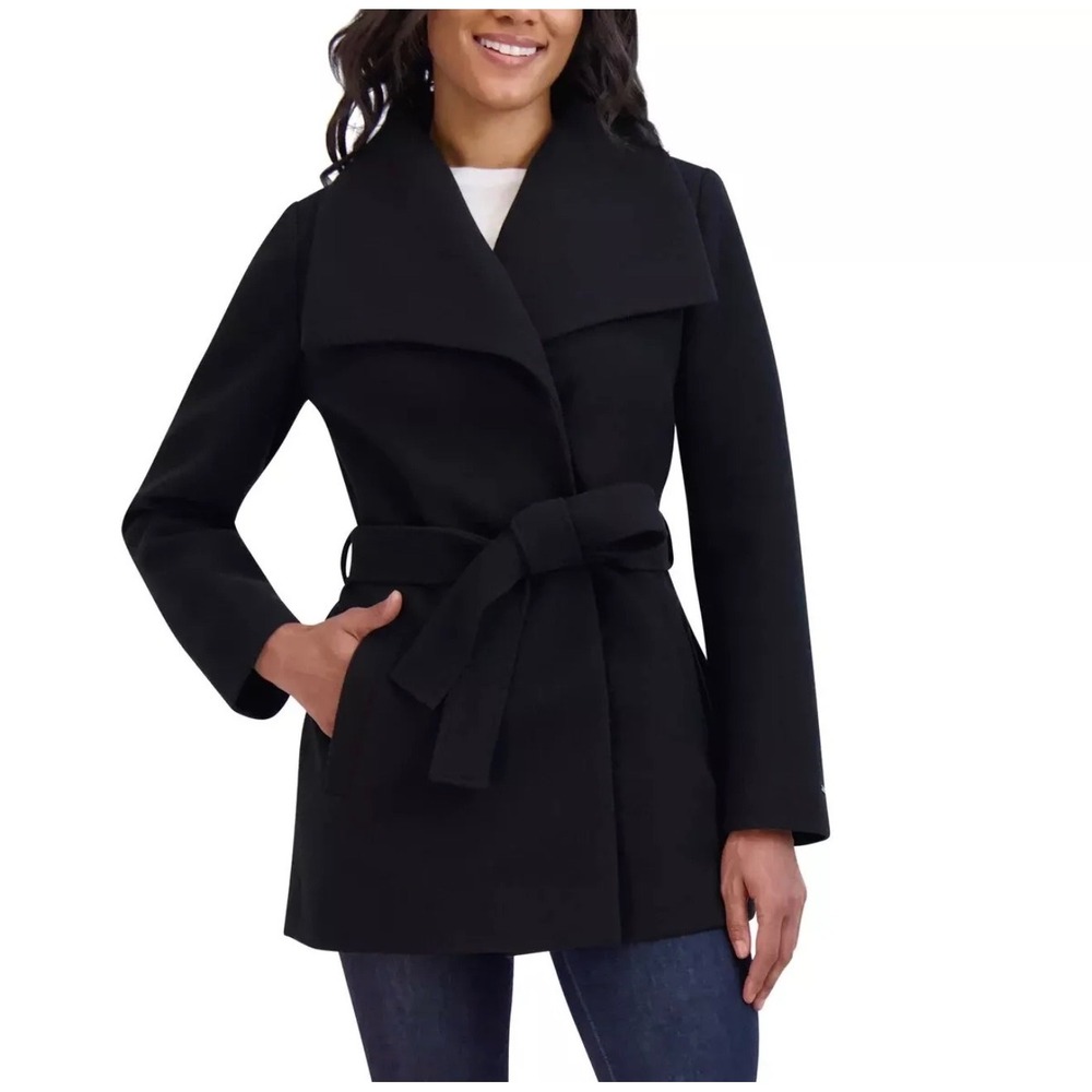 Tahari Womens‎ Black Belted Wrap Coat Shawl Cape Collar Faux Wool Blend Jacket
